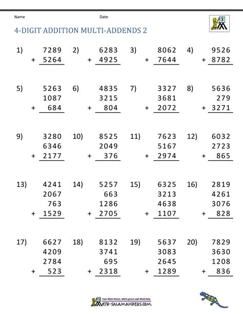 4 digit number addition worksheet